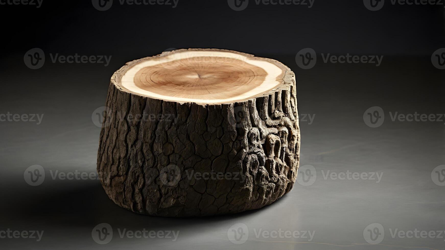 Polished Tree Stump with Intricate Bark Detail on a Dark Background photo
