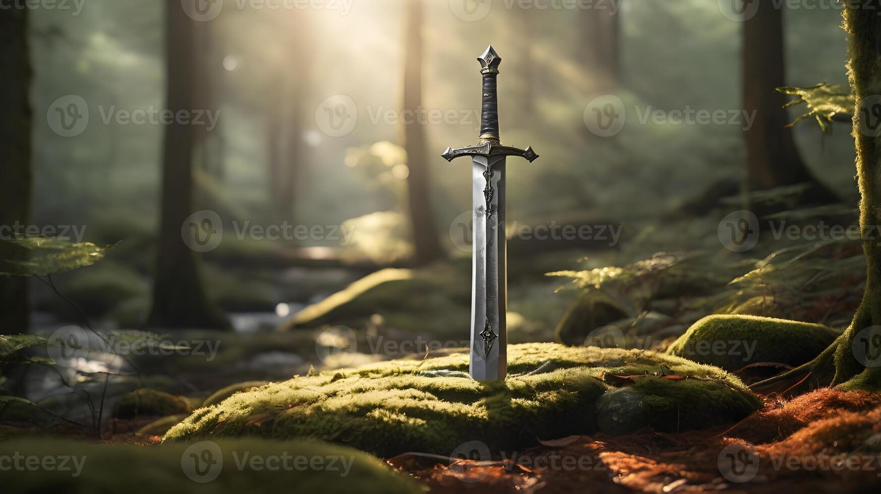 Medieval Sword Standing on Mossy Ground in a Sunlit Forest photo