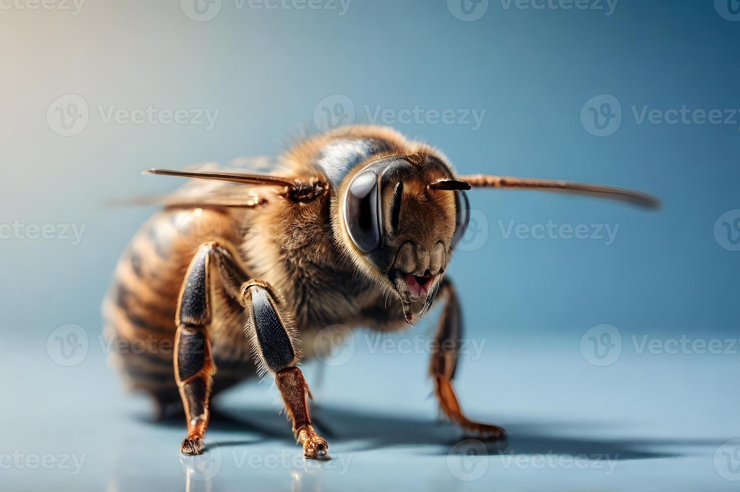 Honeybee Closeup Macro Shot on Blue Background photo