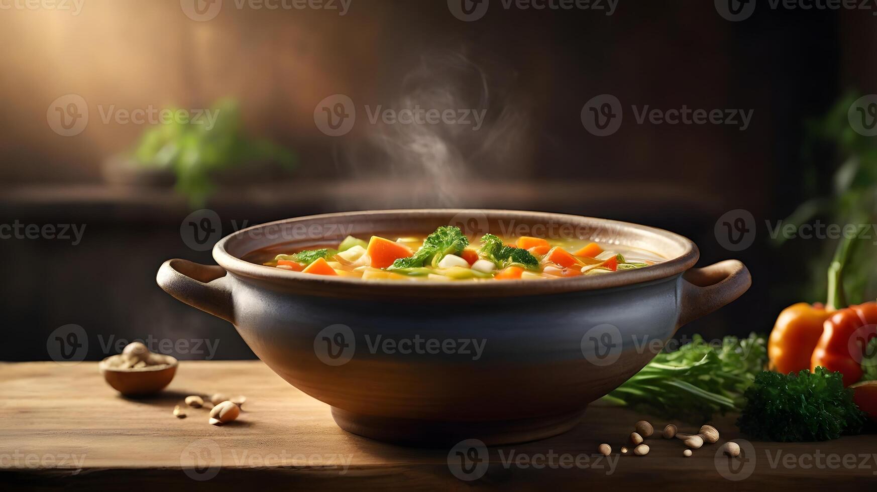 Hearty Vegetable Soup Steaming in a Rustic Bowl photo