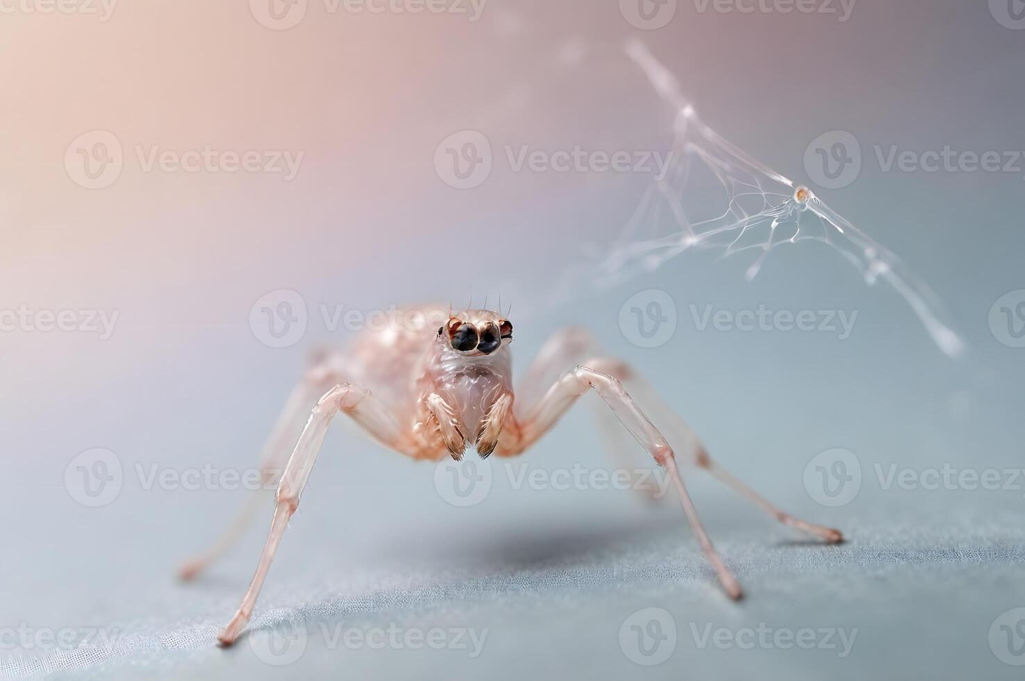 Translucent Spider with Delicate Web, Macro Detail on Soft Pastel Background photo