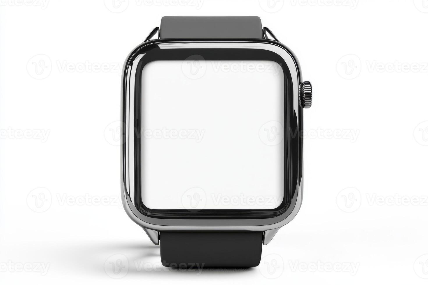 Shiny Smartwatch with Black Strap and Blank Screen on White Background photo
