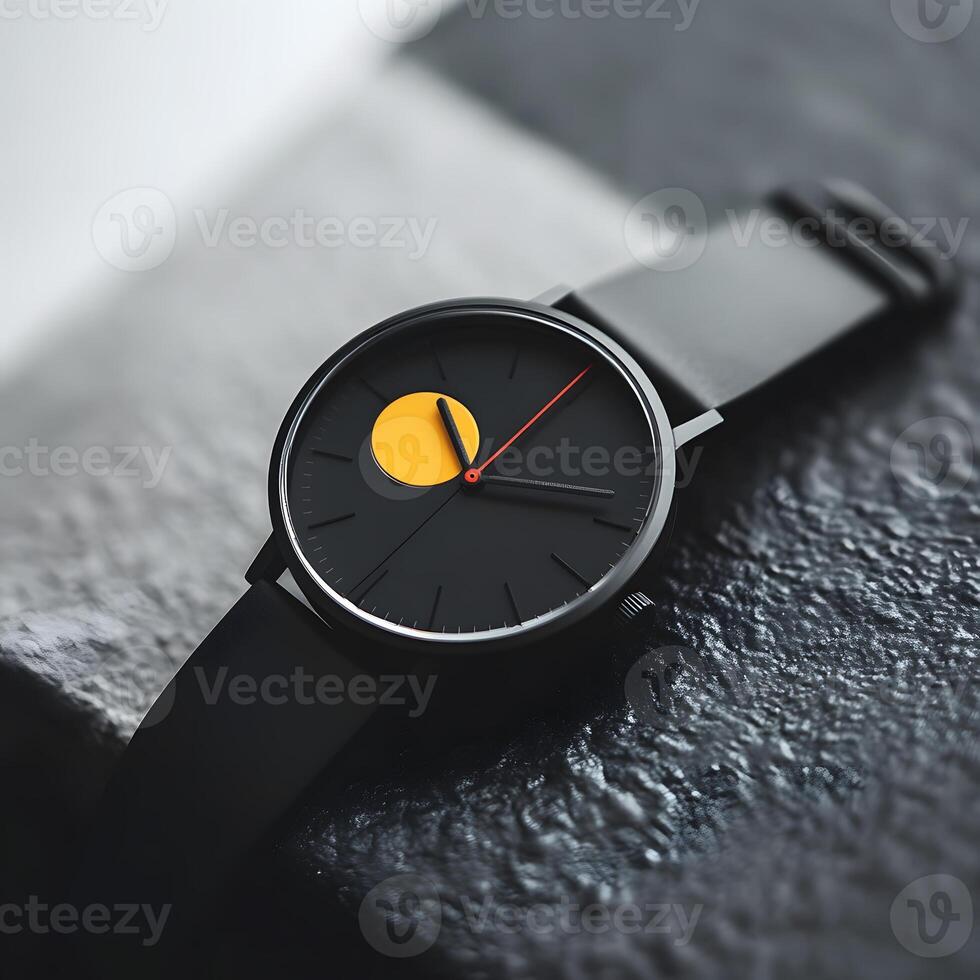 Minimalist Black Watch with Yellow Circle and Red Second Hand on photo