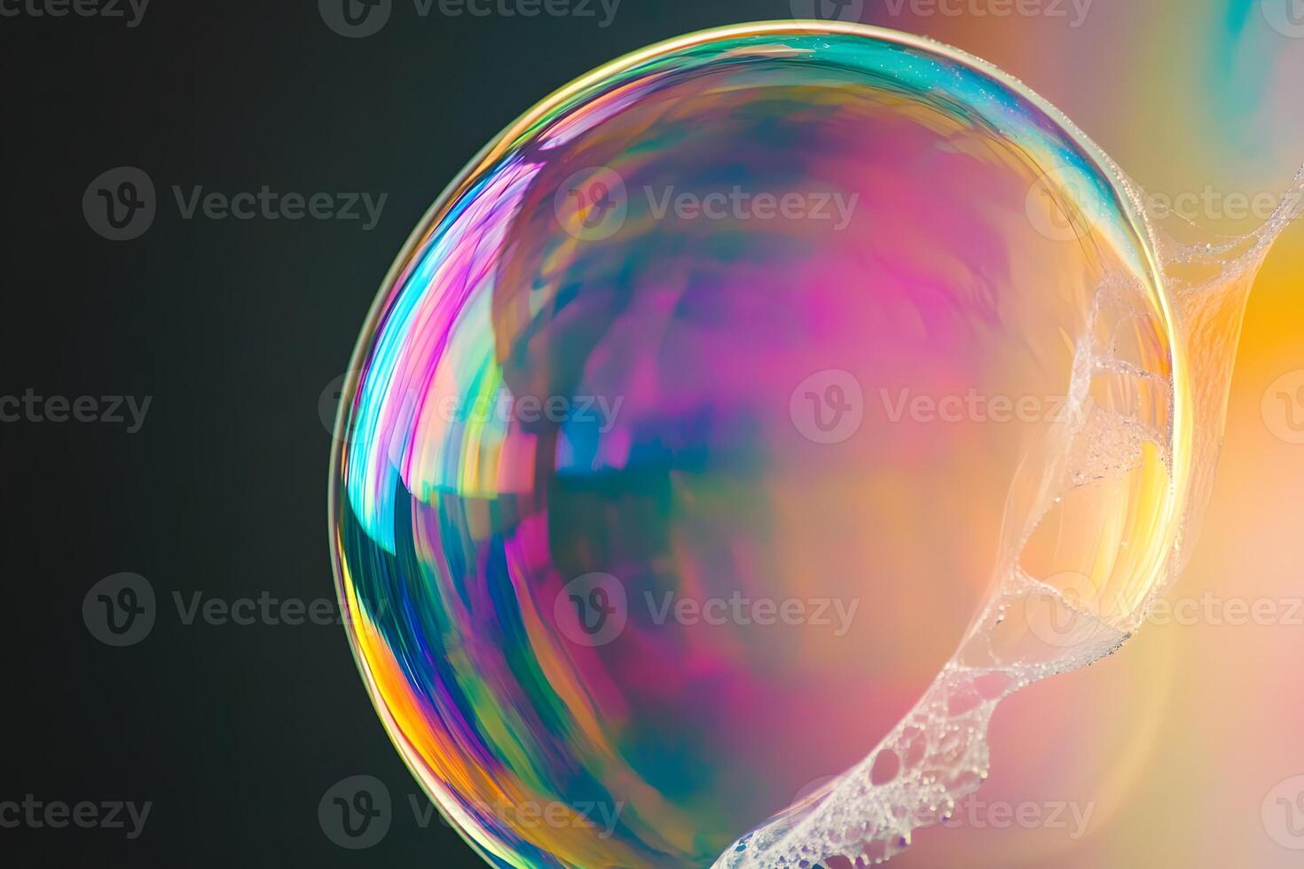 Iridescent Soap Bubble with Delicate Filaments Against a Dark Backdrop photo