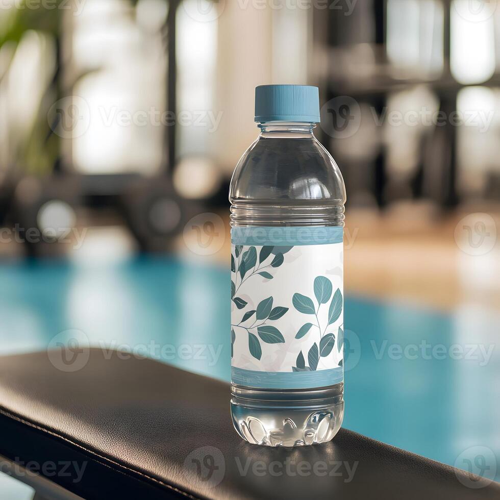Clear Water Bottle with Leaf Design Resting on a Gym Bench photo