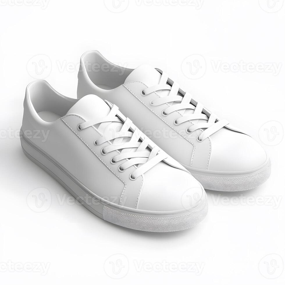 Crisp white sneakers with laces clean design on a bright white background photo