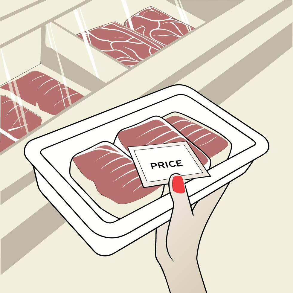 Hand holding a meat package with price tag at the grocery store while shopping for fresh food vector