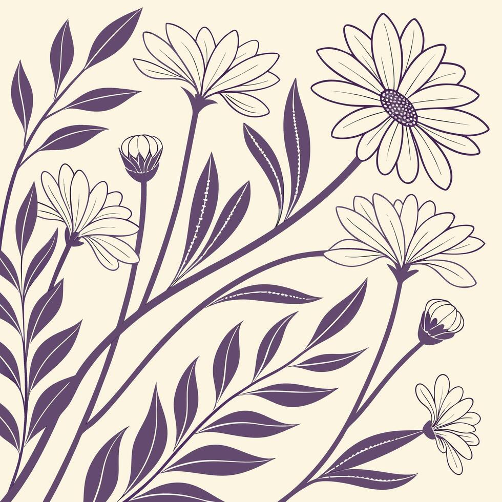 Purple Floral Illustration with Delicate Daisy Flowers and Decorative Leaves Botanical Art on a Cream Background vector
