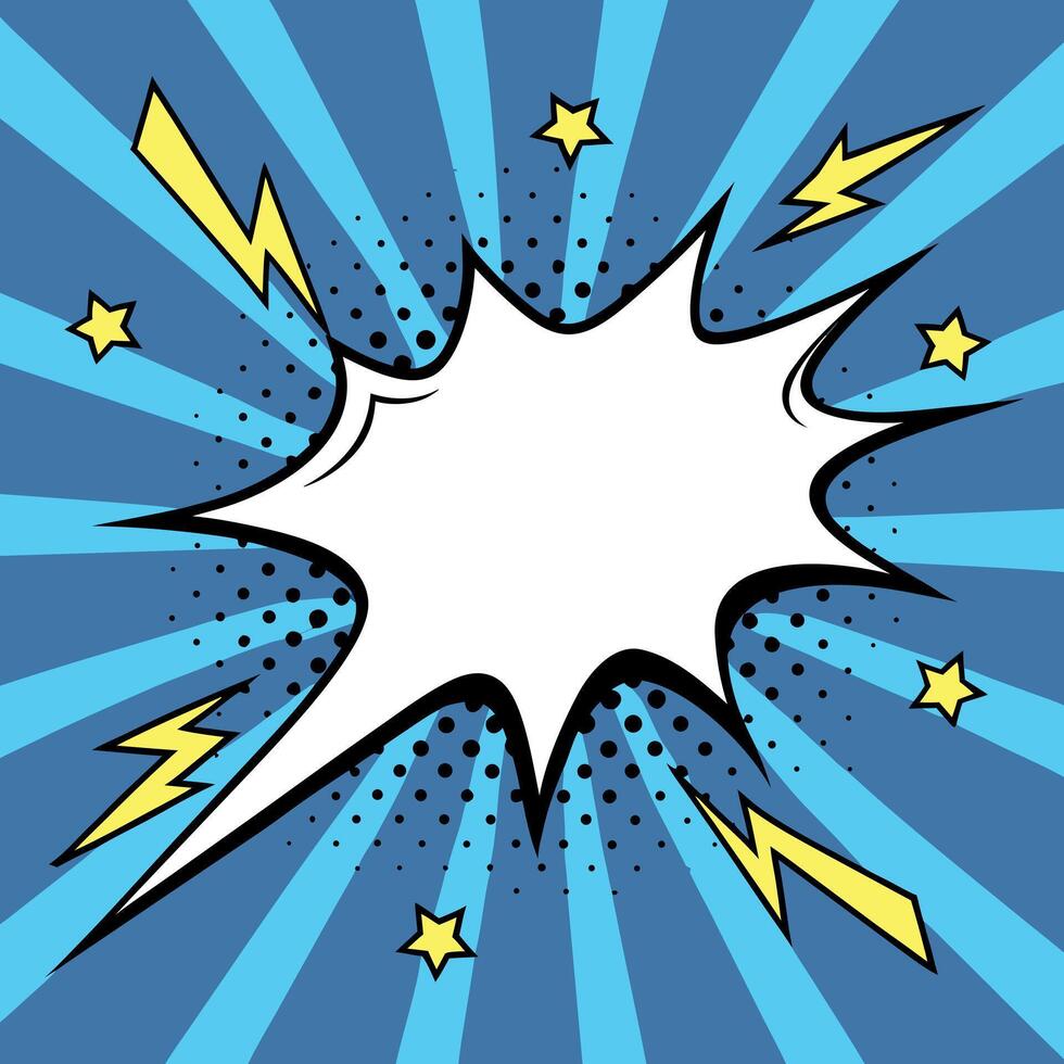 Comic book pop art explosion speech bubble background with lightning bolts and stars vector