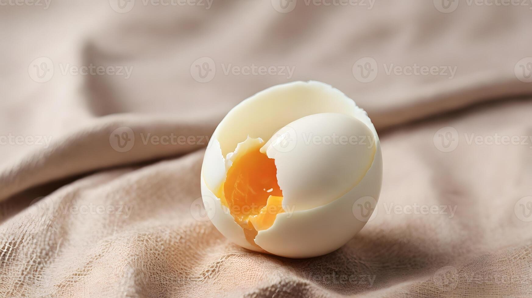 Soft Boiled Egg with Broken Shell on Textured Beige Fabric Background photo
