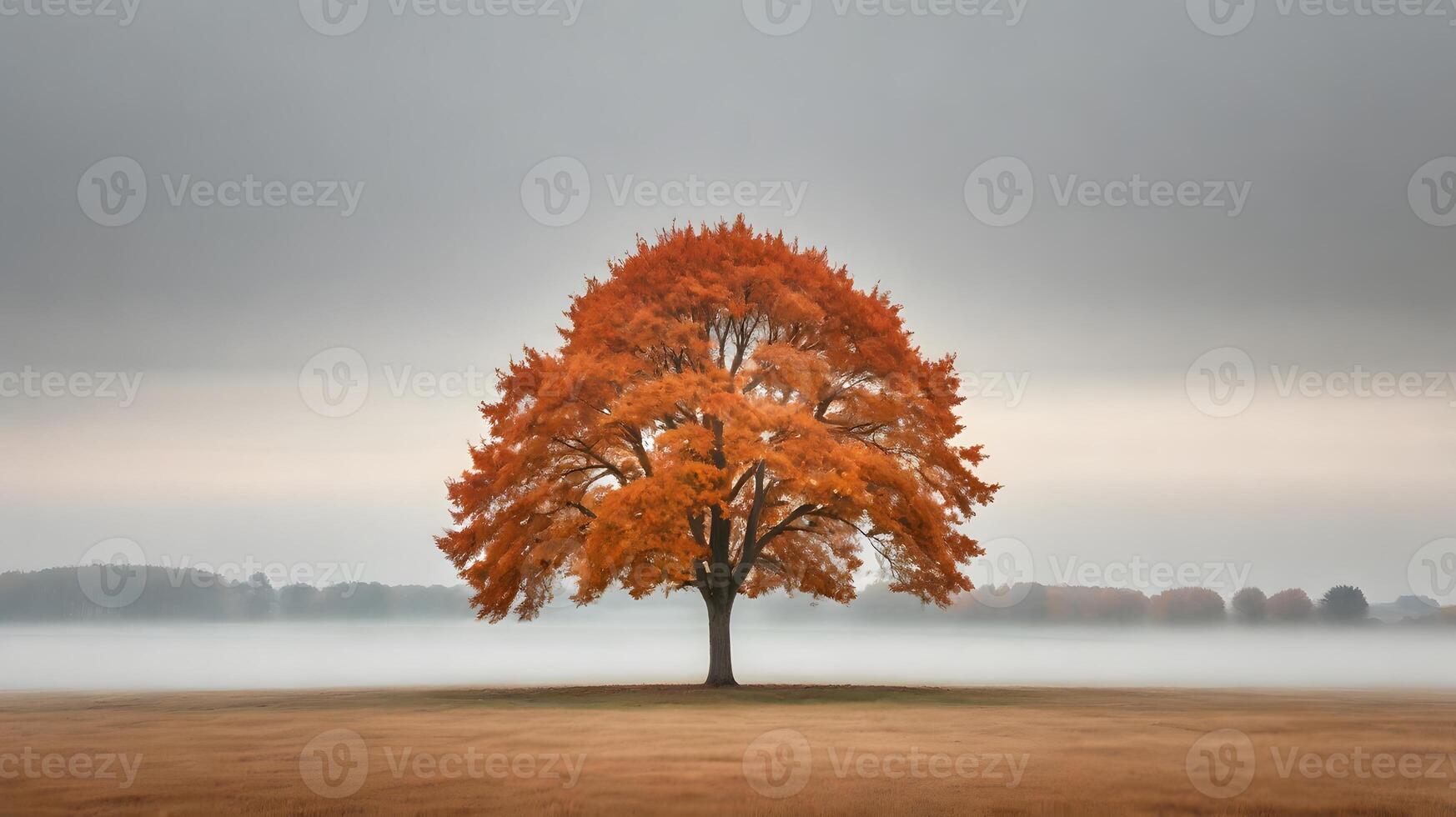 Majestic Autumn Tree Stands Alone in Misty Field with Orange Foliage photo