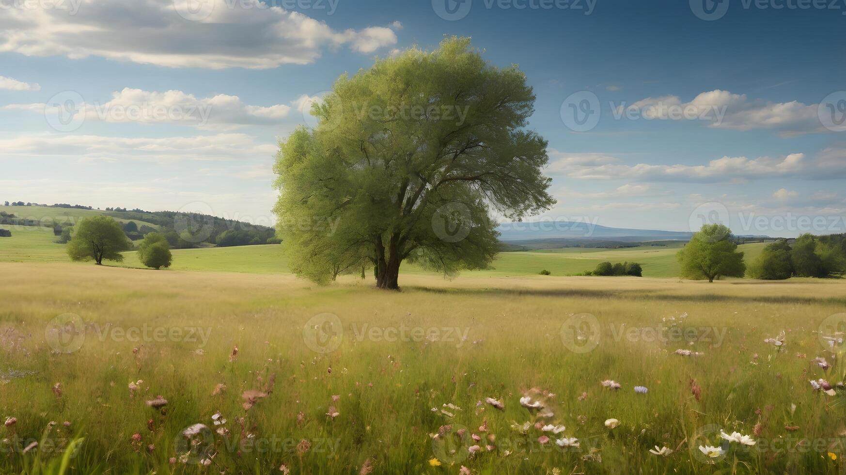 Serene Meadow Landscape with Solitary Tree and Distant Hills photo