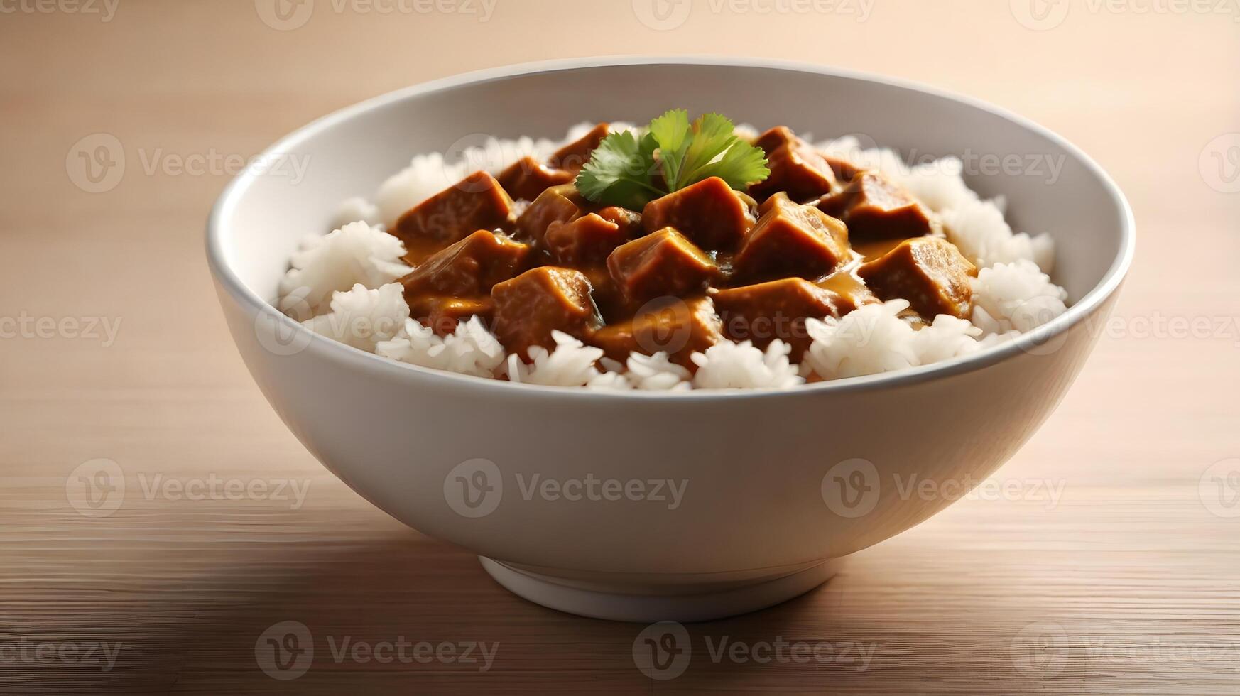 Savory curry cubes over fluffy rice in a white bowl, garnished with cilantro. photo