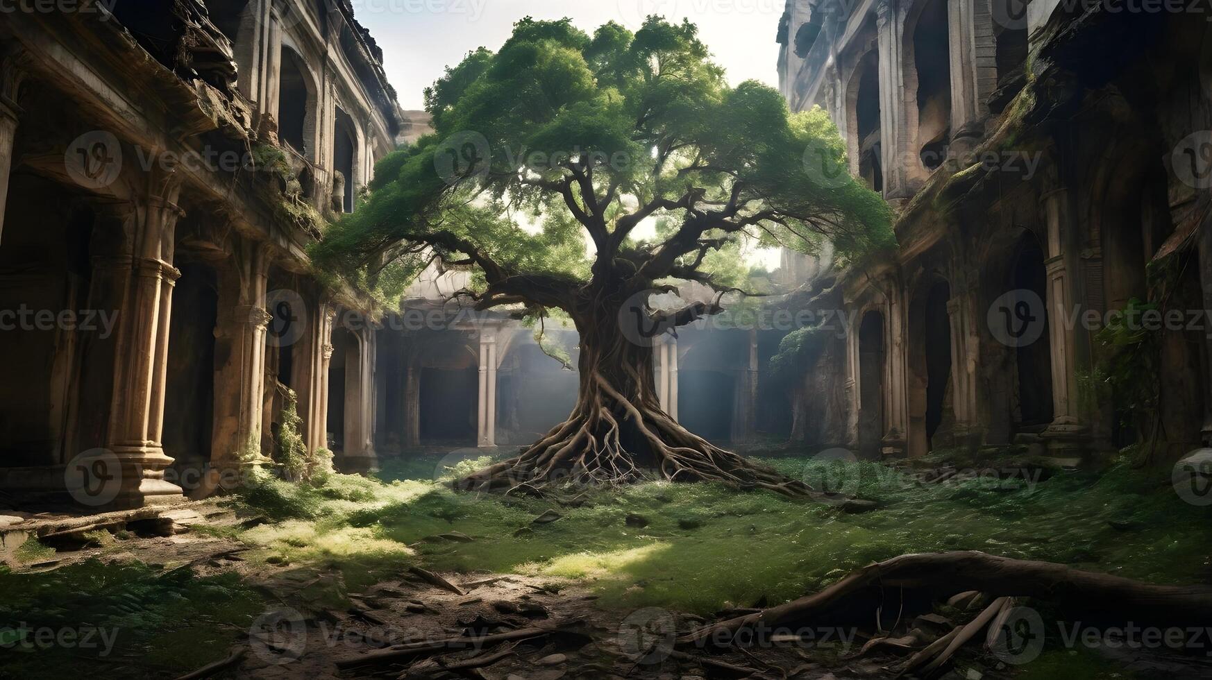 Ancient Tree's Embrace, Nature Reclaims Ruined Architecture with Verdant Life photo