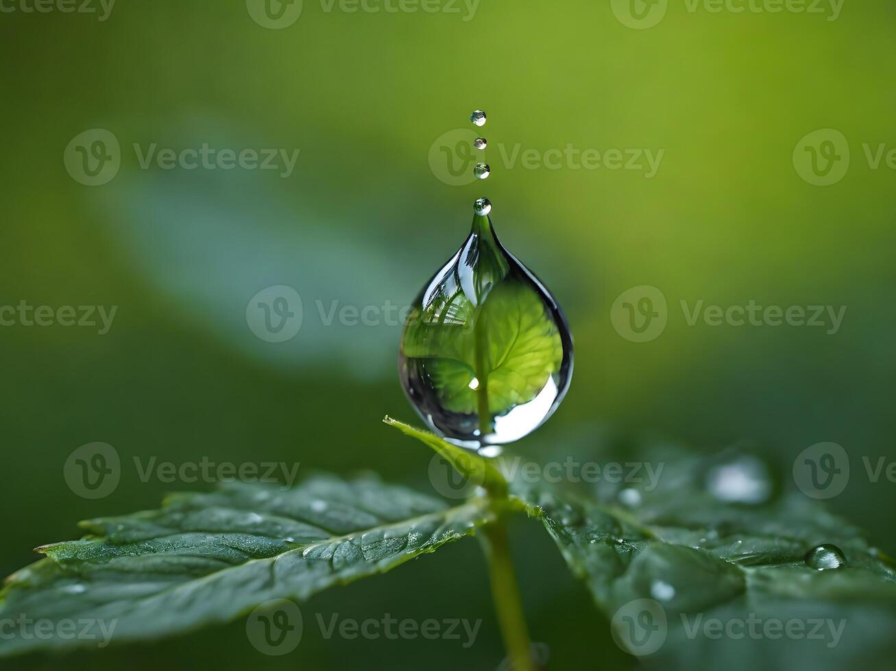 Water droplet reflecting leaf detail, balanced on leaf tip, with blurred green background photo