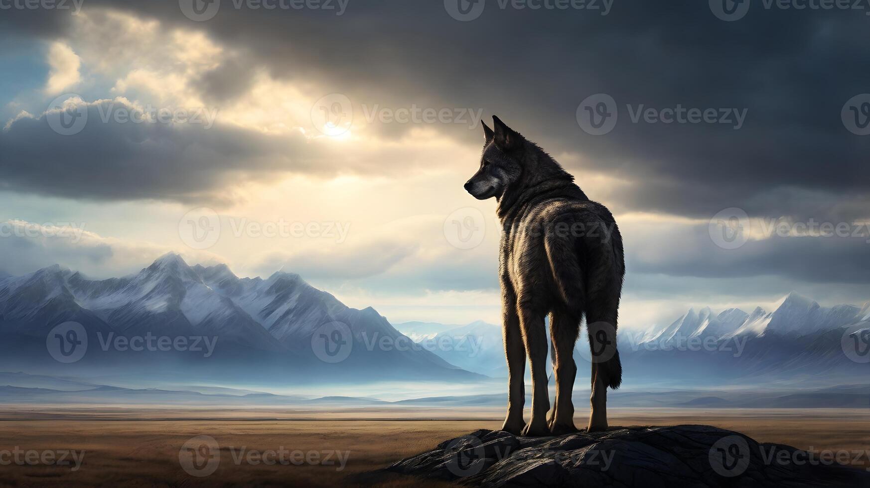 Majestic Wolf Silhouetted Against Dramatic Mountain Landscape and Cloudy Sky photo