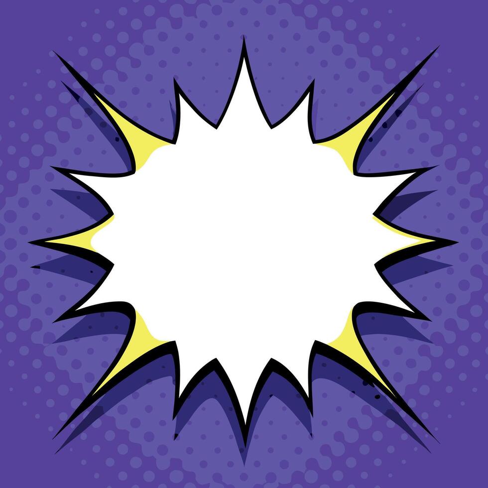 Pop art comic style explosion speech bubble with a blank white space and dynamic burst shape set against a vibrant purple halftone dot pattern background vector