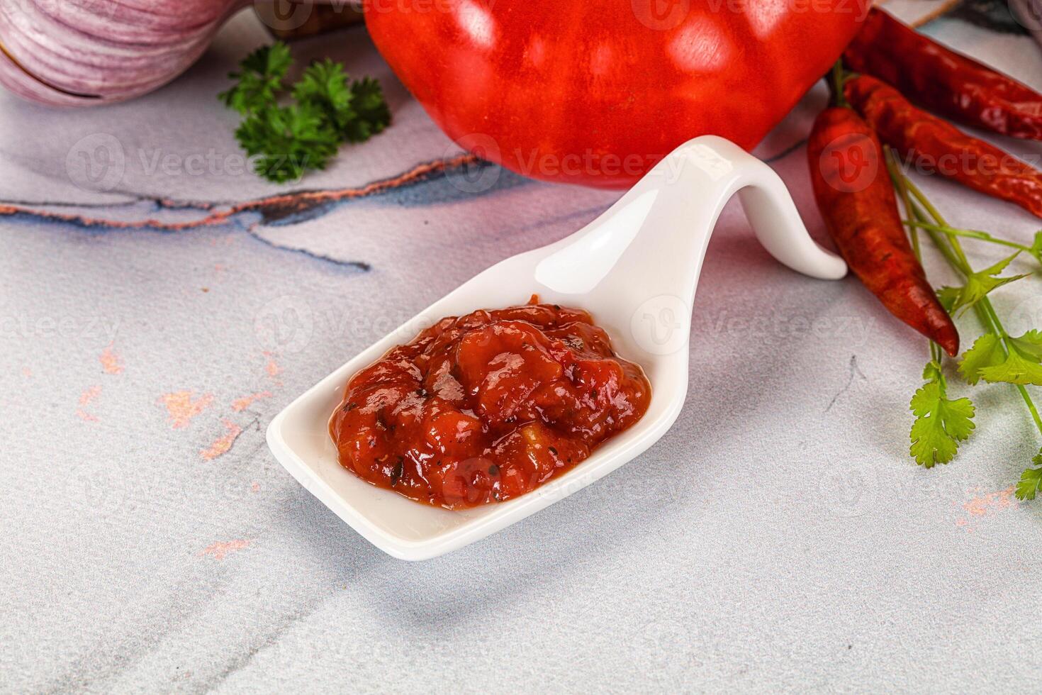 A white spoon with tomato sauce on it next to a tomato, onion and garlic photo