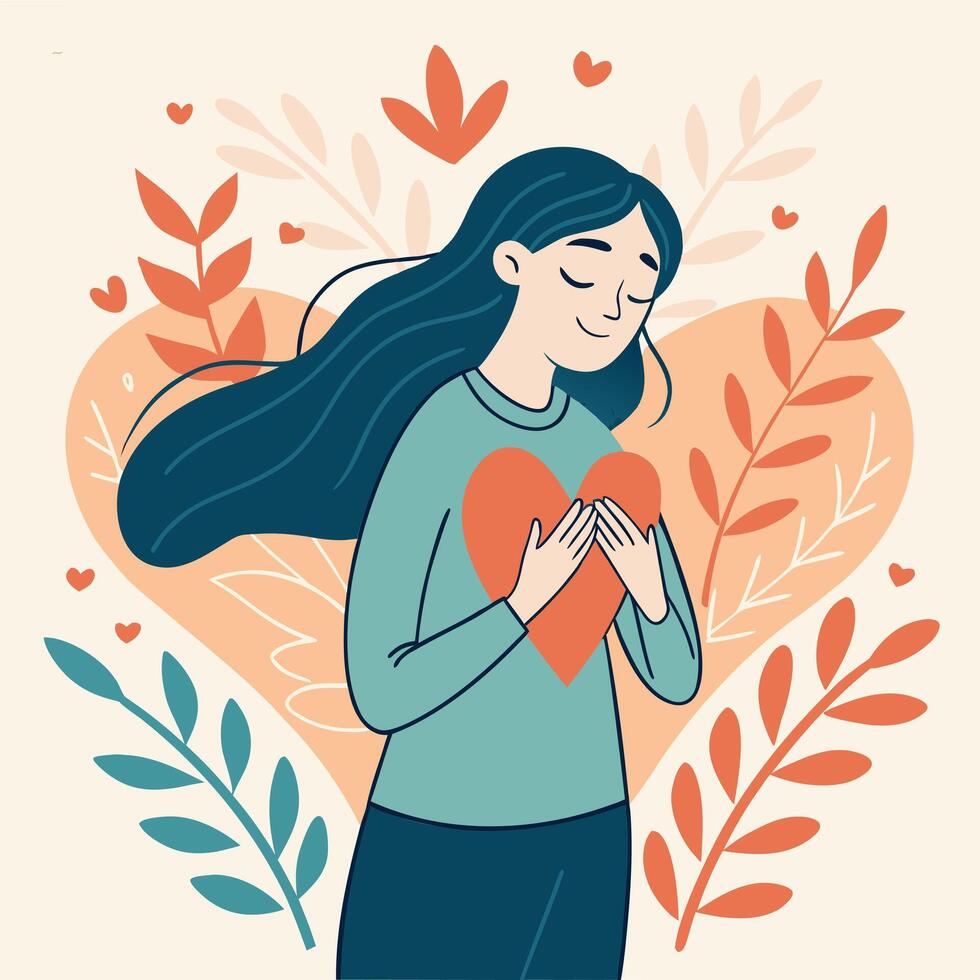 Woman embracing self love and compassion with a heart symbol promoting mental wellness and emotional well being illustration vector