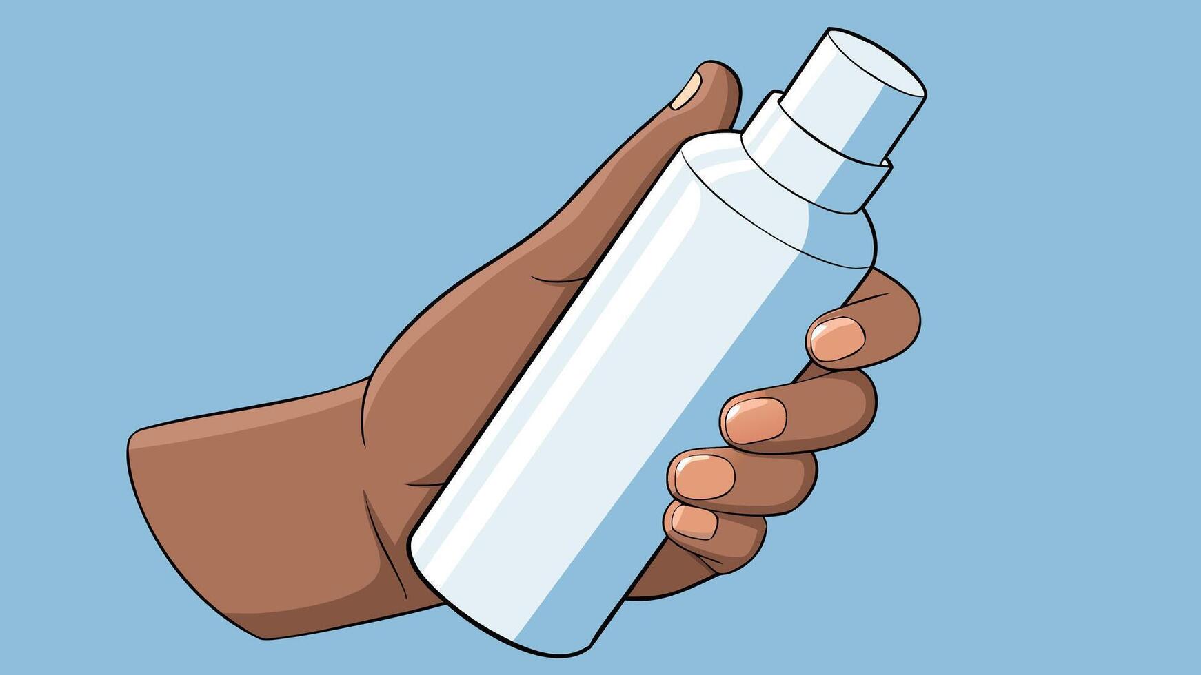 Illustrated human hand with dark brown skin holding a simple white spray bottle against a light blue plain background a clean and clear graphic vector