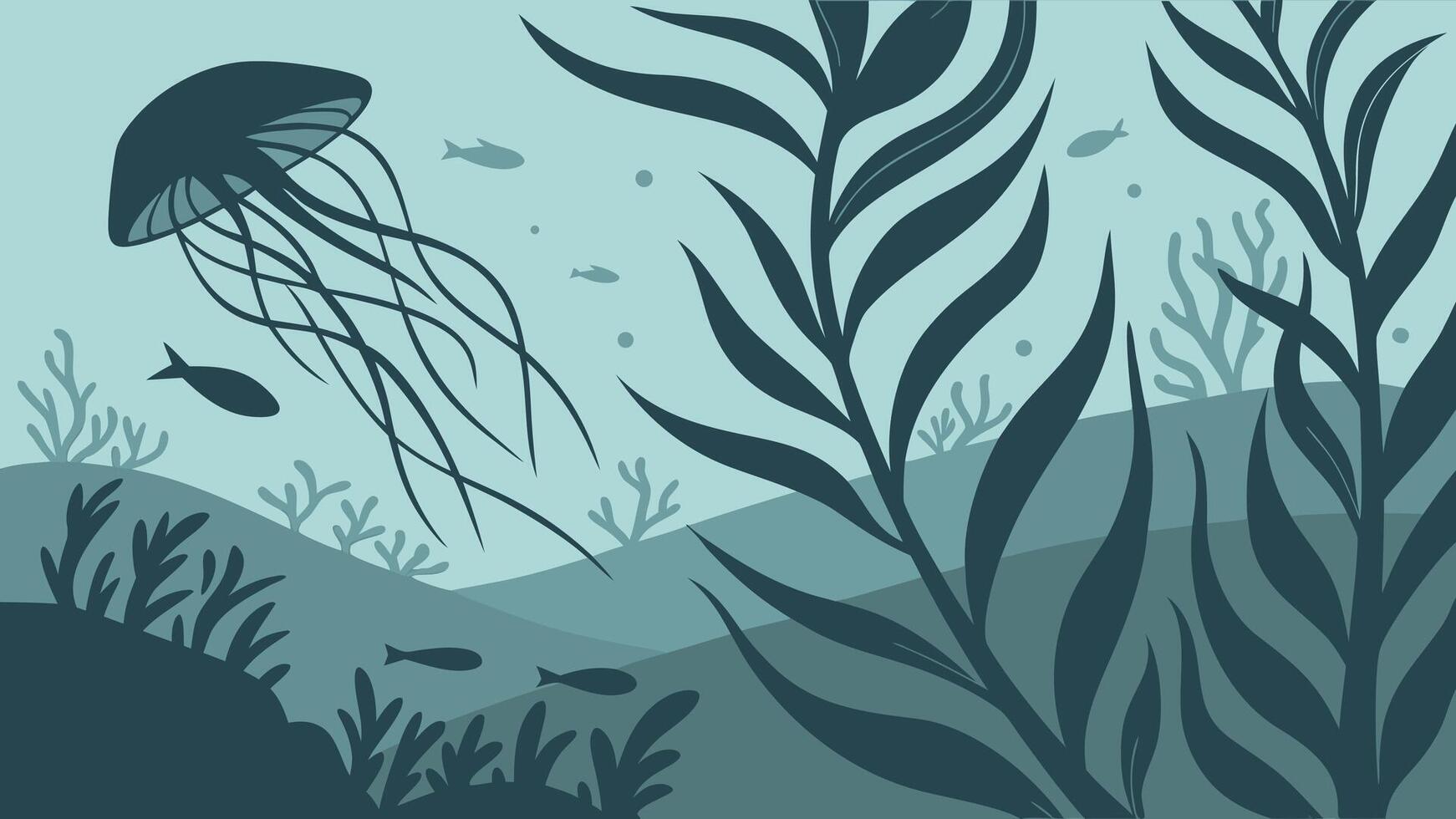 Underwater scene with a jellyfish and fish swimming among diverse aquatic plants and seaweed in a beautiful ocean environment vector
