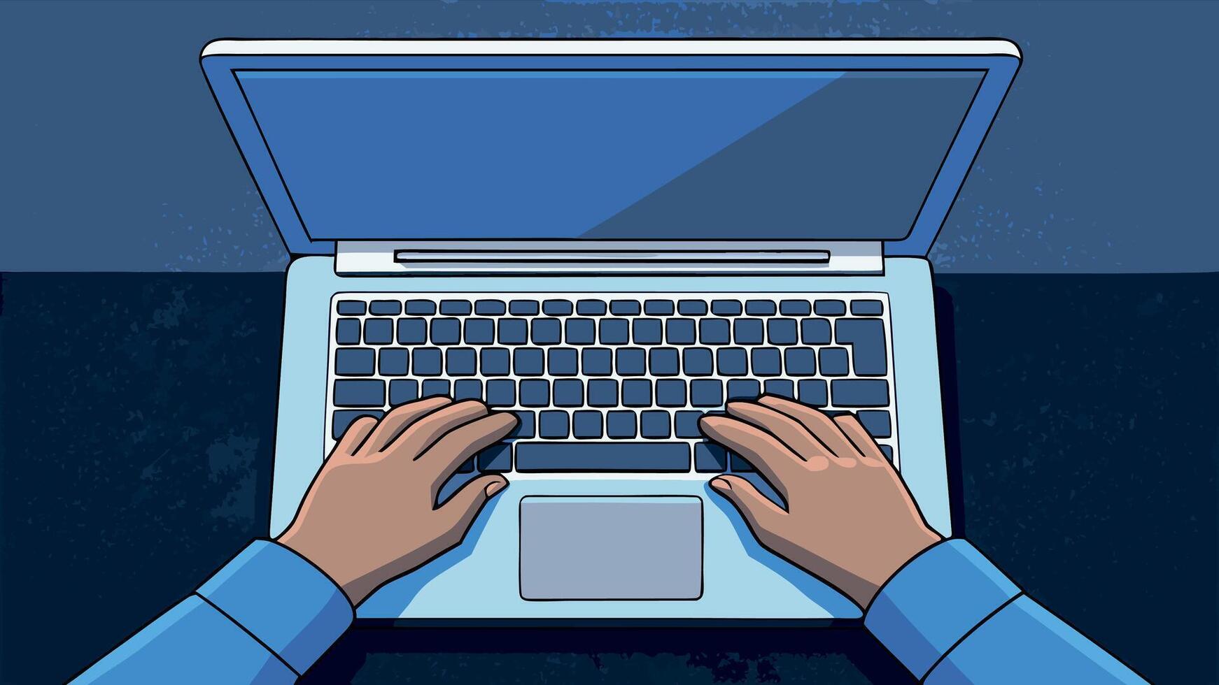 Person working on a laptop at night from an overhead view illustrating remote work and online productivity in a dimly lit setting vector