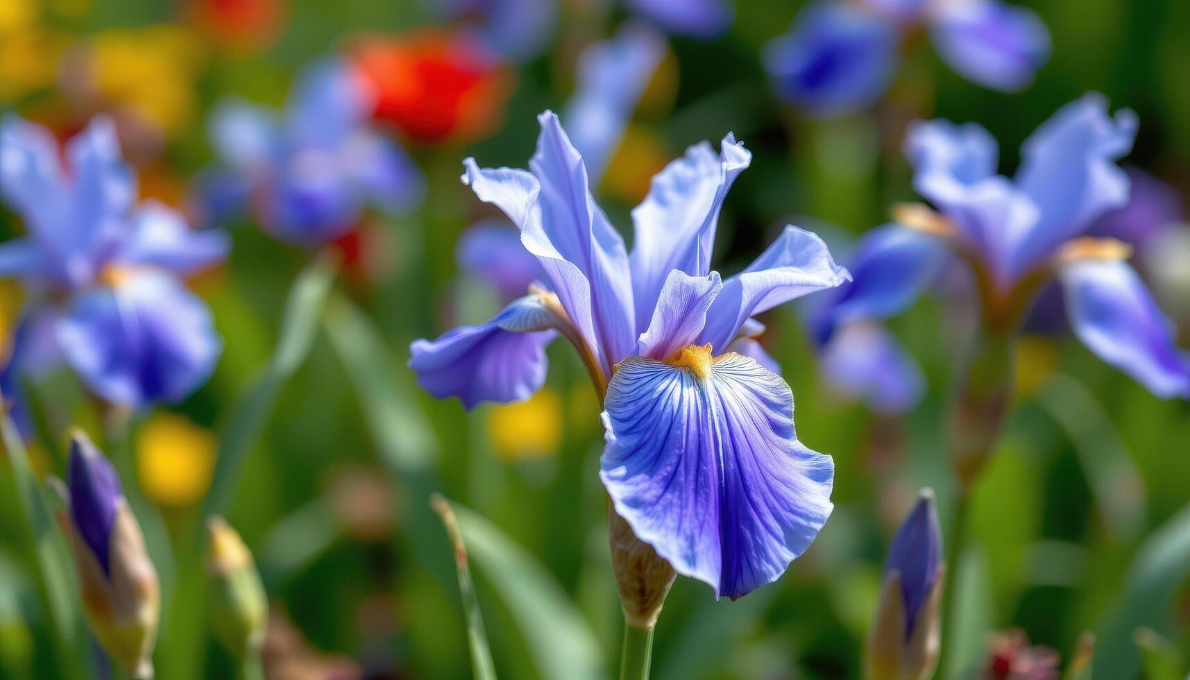 close up view of a dutch iris bloom with silky blue petals arching gracefully. photo