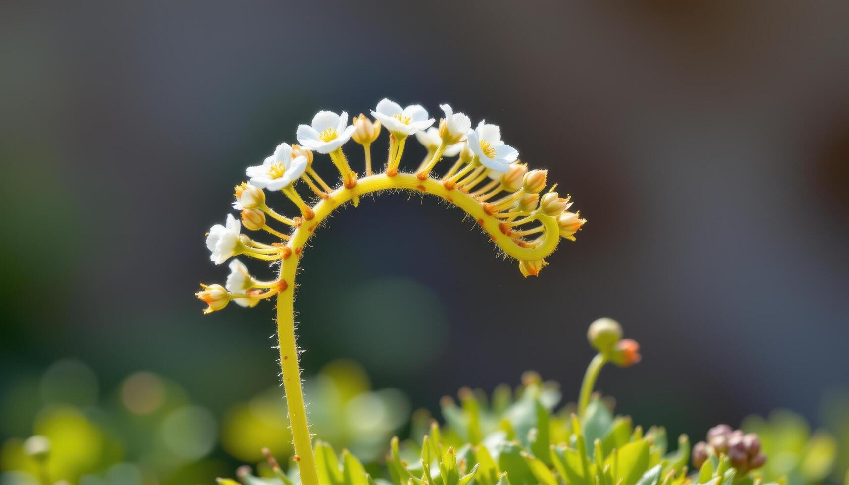 close up view of a sundew flower stalk rising above its sticky traps, crowned with white blooms. photo