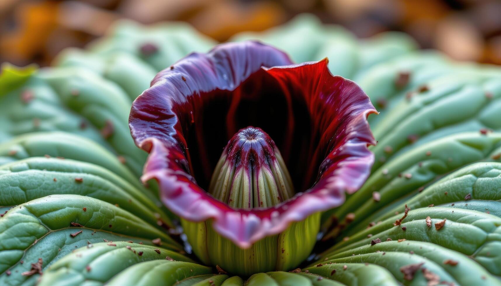 close up view of a skunk cabbage flower emerging in early spring with a striking maroon hood. photo