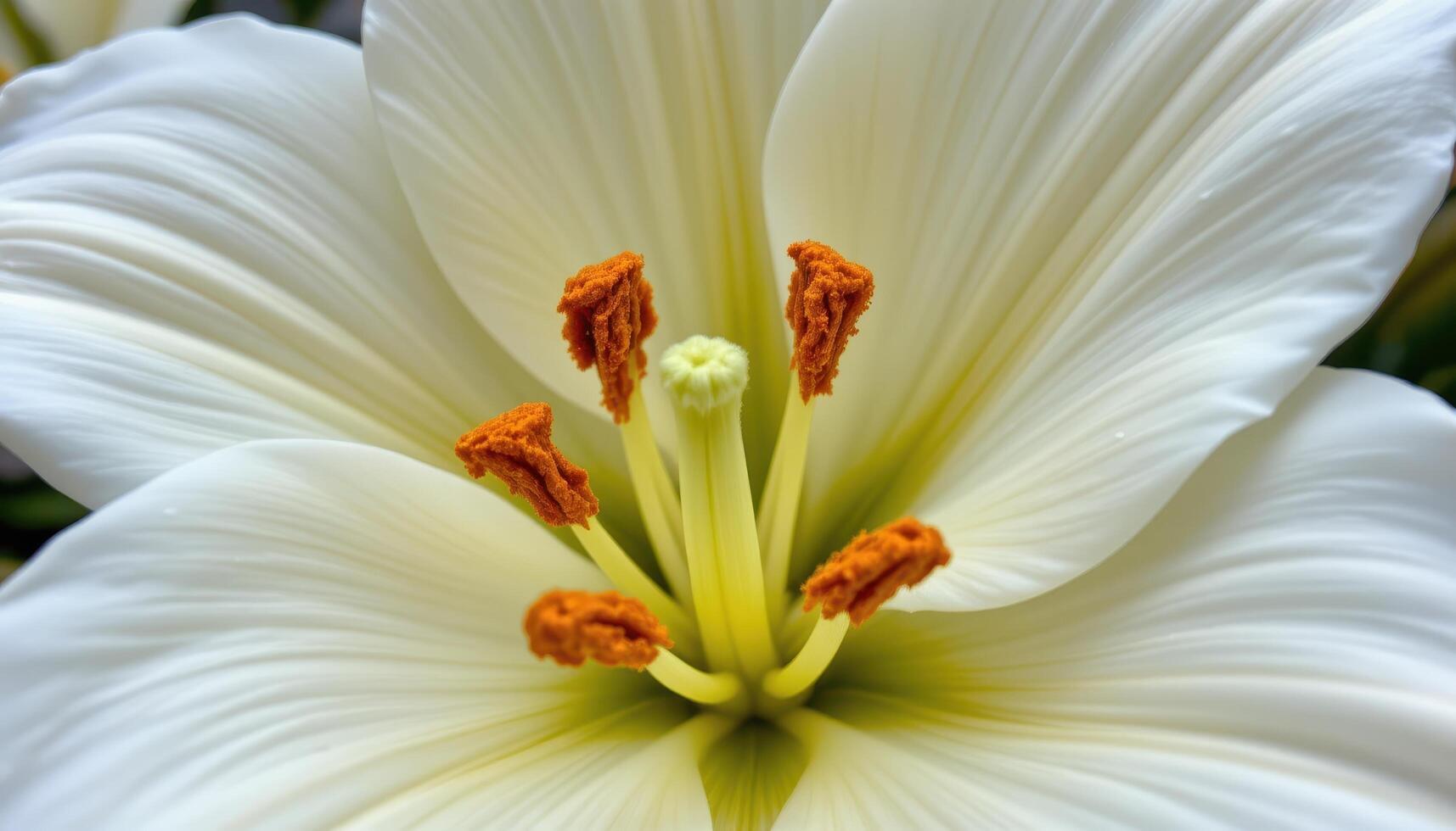 close up view of a freshly opened white lily, with pollen covered stamens and smooth pristine petals. photo