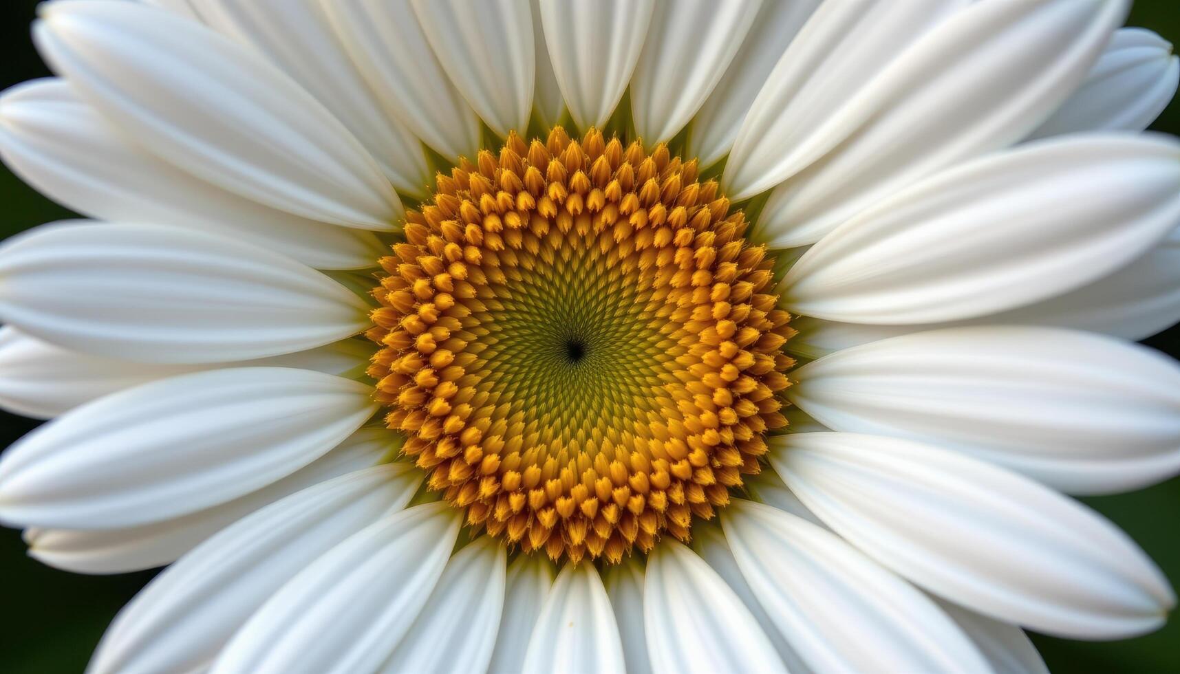 close up view of a classic daisy with crisp white petals and a warm golden center disk. photo