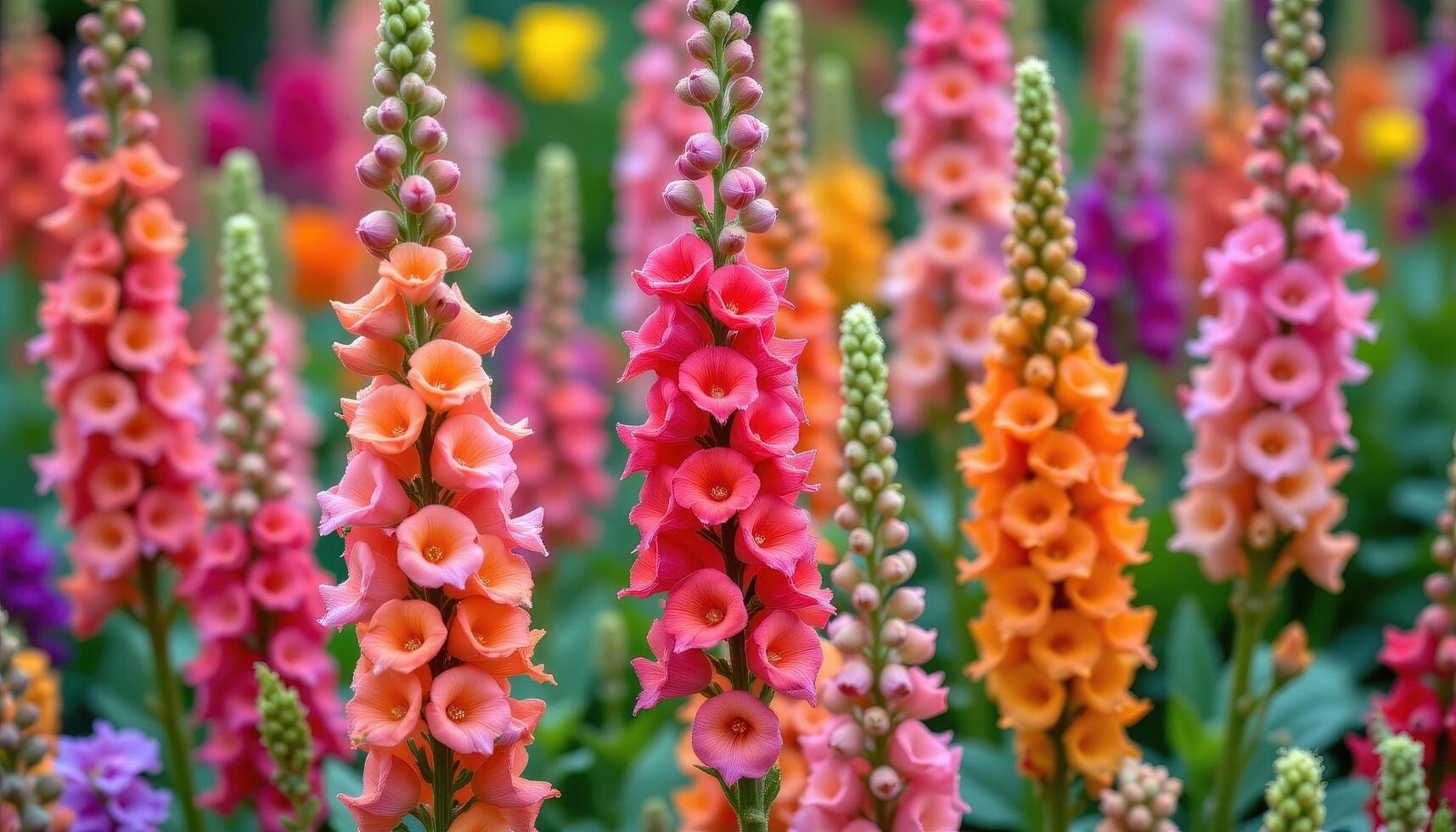 close up view of snapdragon spires, each tube shaped bloom in rich pinks and oranges. photo