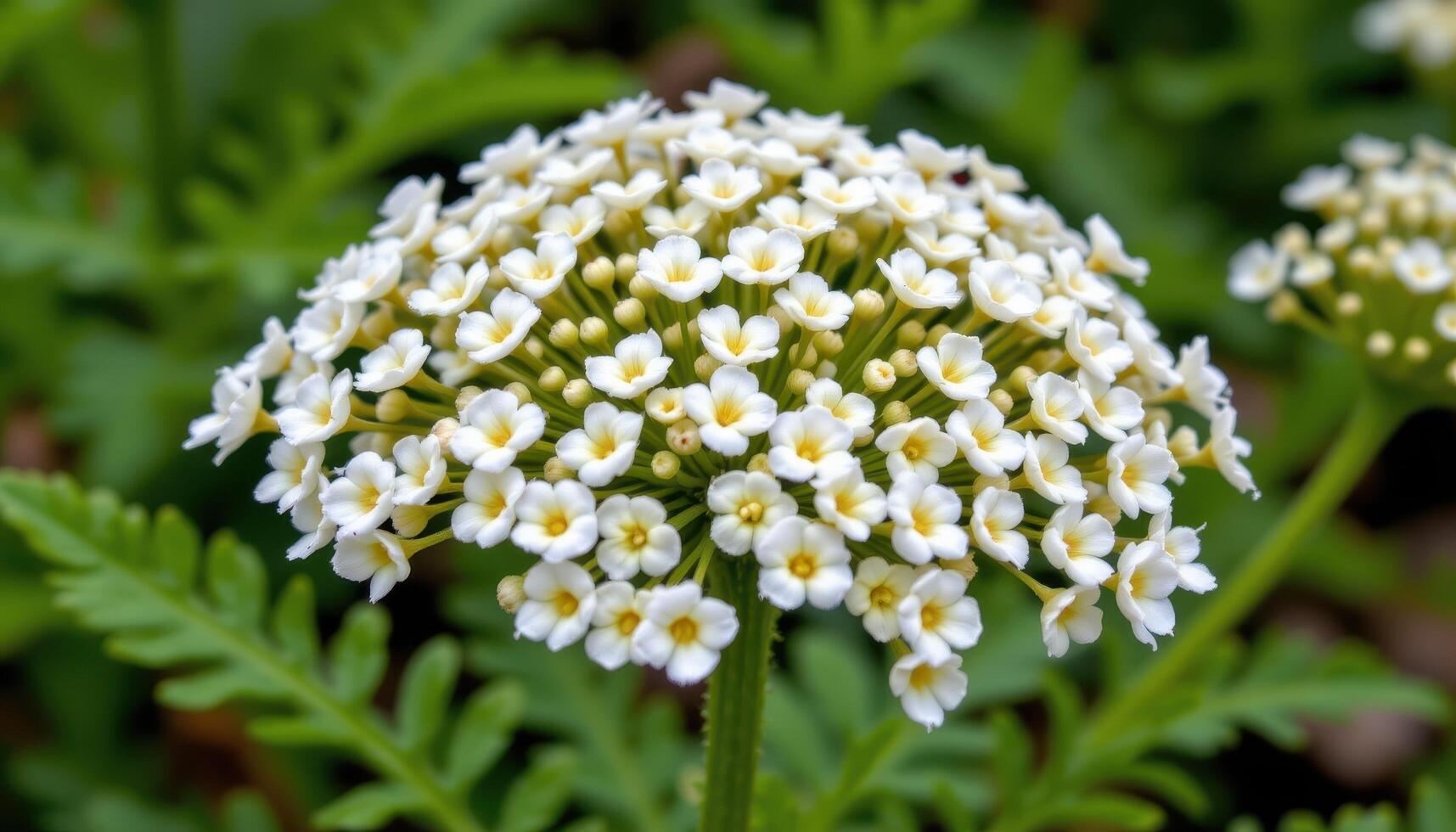 close up view of a yarrow bloom forming a flat topped cluster of tiny white flowers above fernlike leaves. photo
