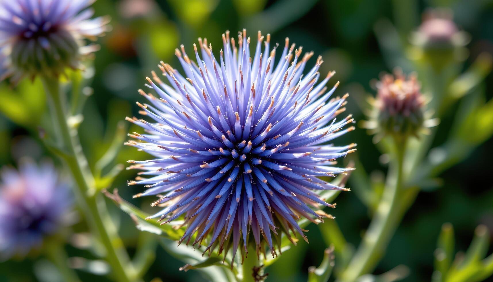 close up view of a globe thistle flower with sharp, spiky bracts in silvery blue hues glowing in sunlight. photo