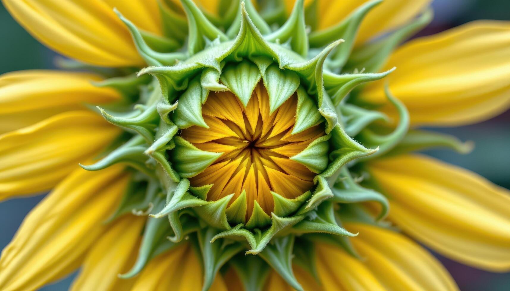 close up view of sunflower buds just before opening, with green sepals curled tightly around golden petals. photo