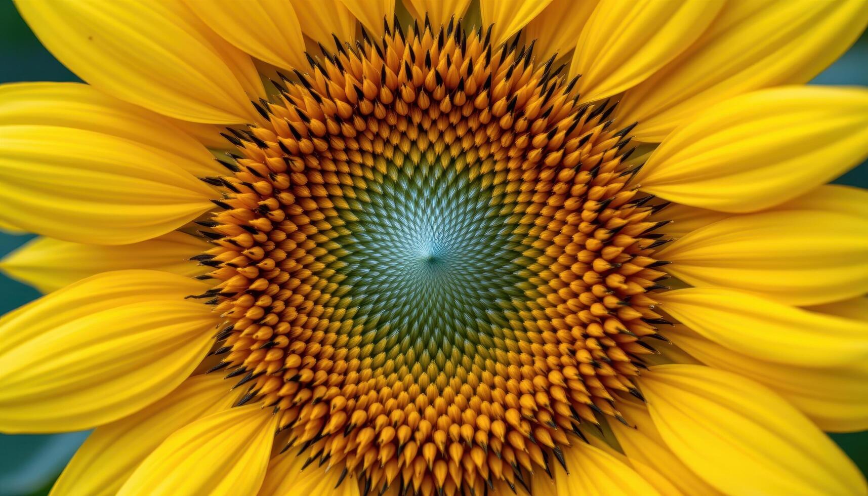 close up view of a radiant sunflower head filled with tightly packed seeds and bright golden petals stretching outward in full symmetry. photo