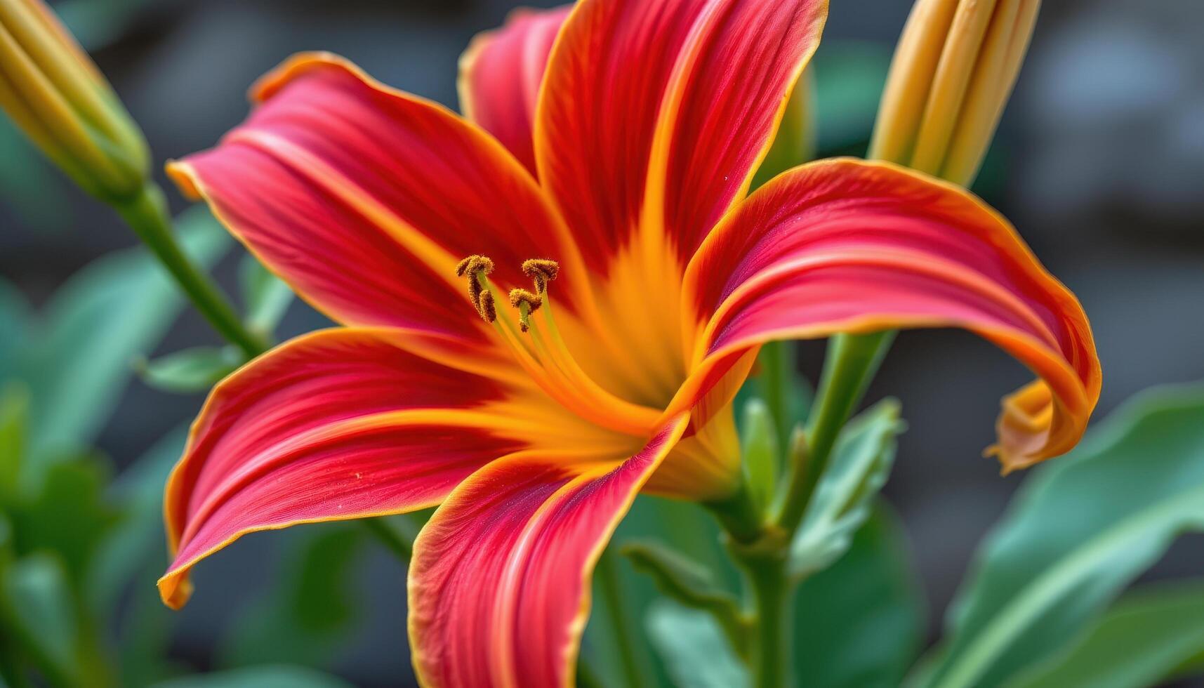 close up view of a gloriosa lily with vivid red and yellow petals curling back dramatically. photo