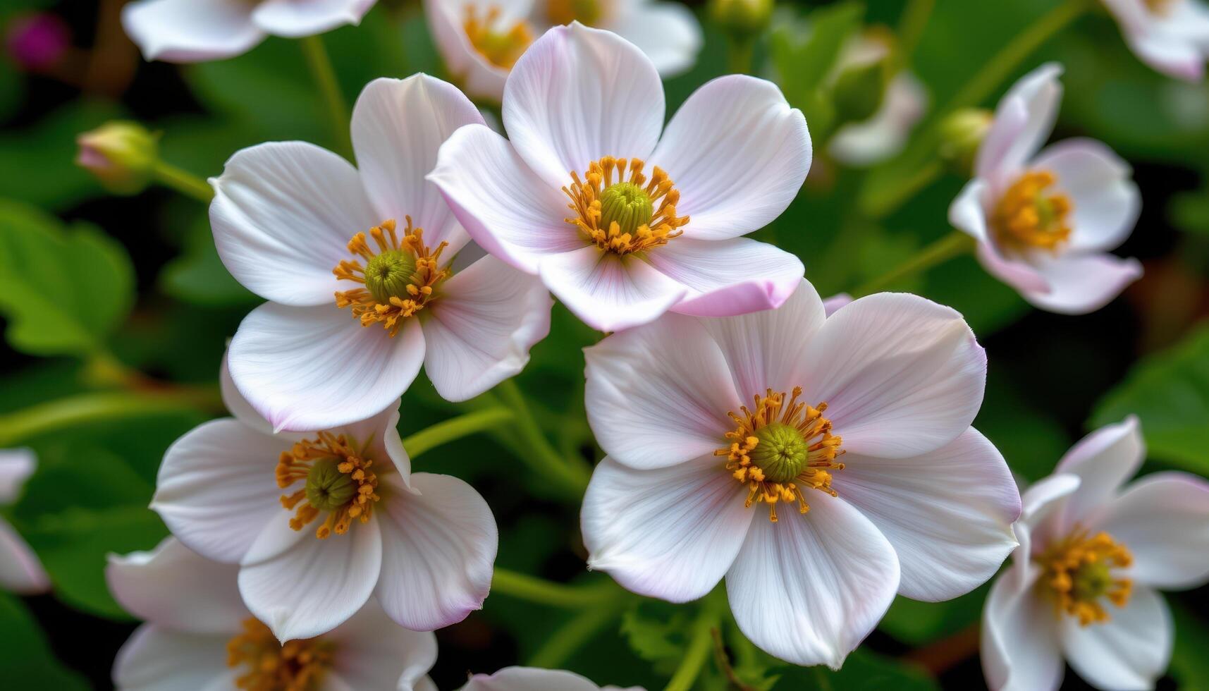 close up view of rue anemone blossoms with white rounded petals centered around tiny golden stamens. photo
