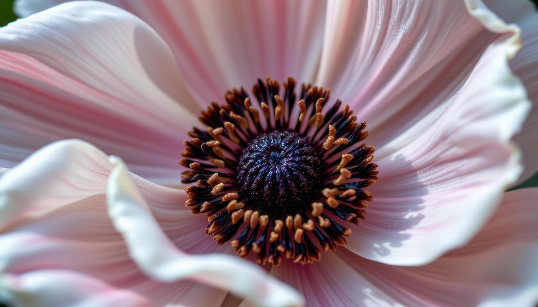 close up view of a white anemone flower with a dark center and translucent petals gently curling at the edges. photo