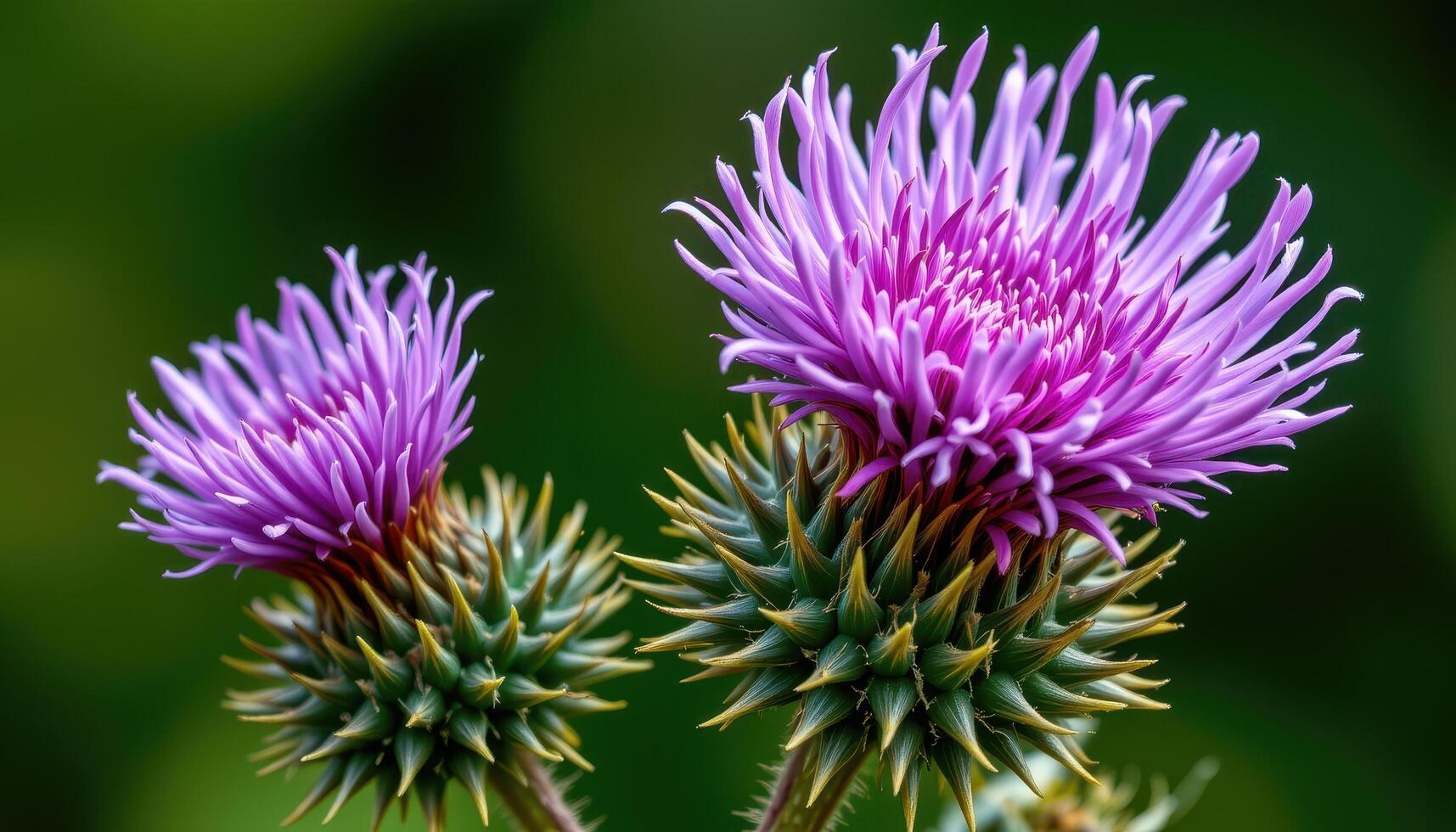 close up view of thistle flowers with spiny bracts and feathery purple crowns. photo