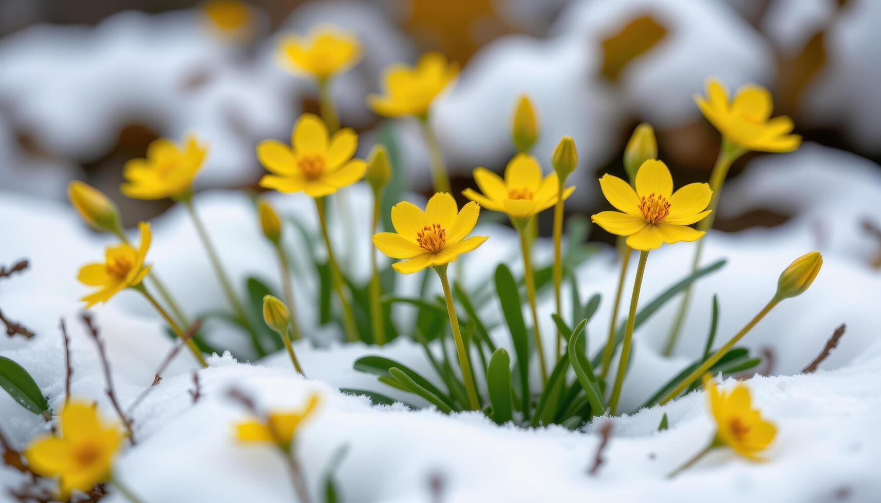 close up view of winter aconite flowers with bright yellow blooms pushing through snow. photo
