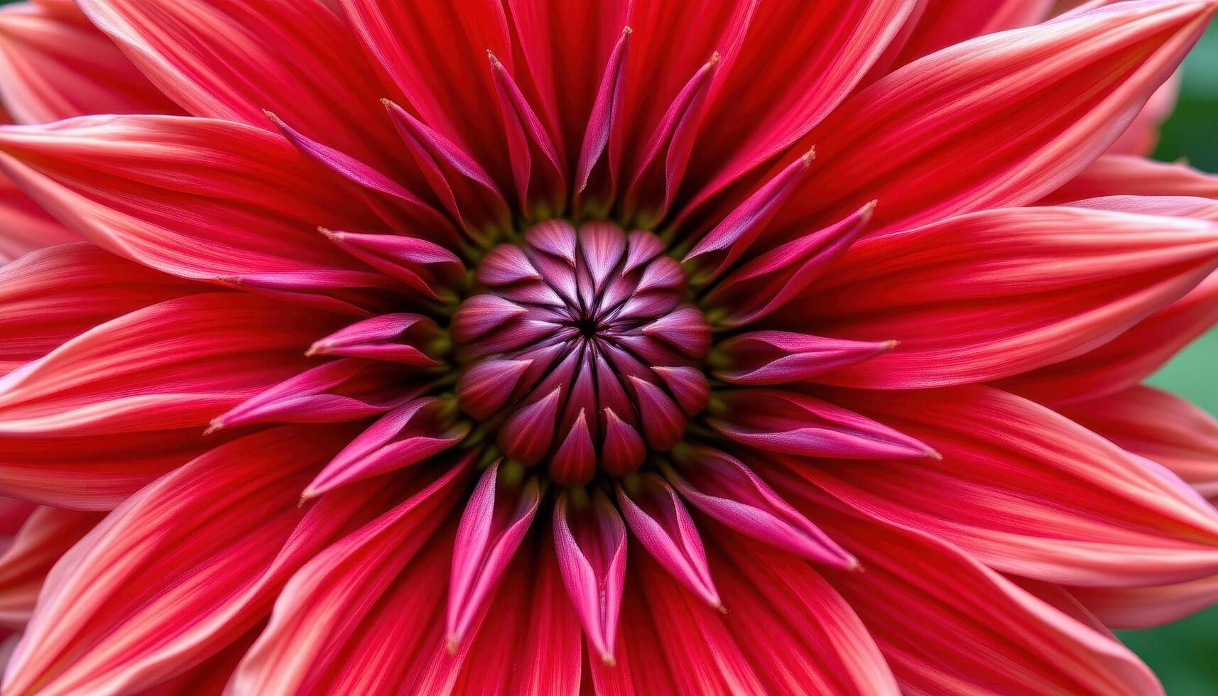 close up view of a vibrant red dahlia, each pointed petal arranged in hypnotic radial patterns. photo