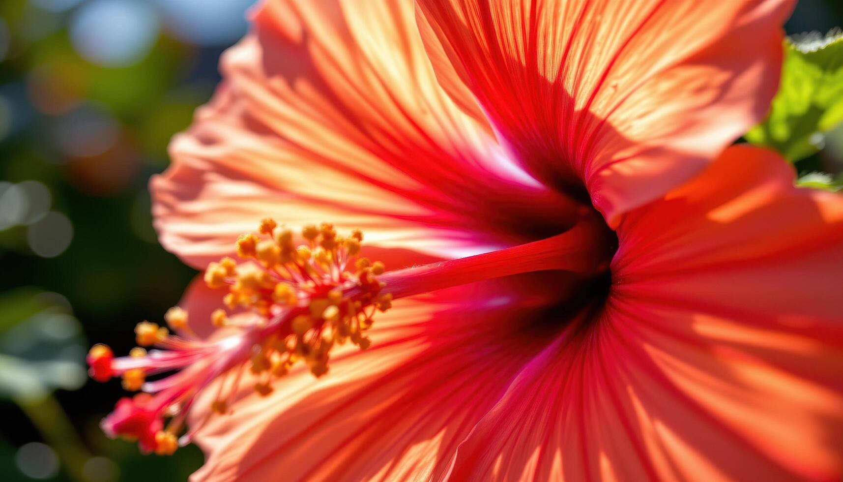 close up view of vibrant hibiscus petals, paper thin and illuminated from behind by sunlight. photo