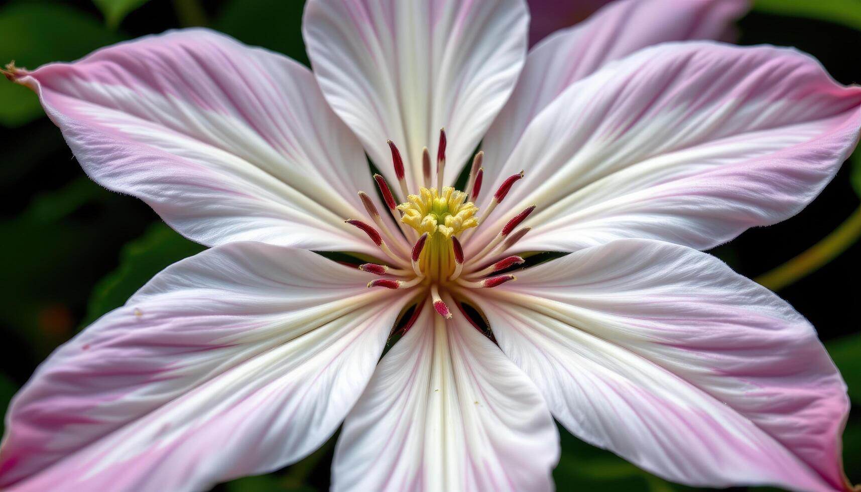close up view of a clematis blossom with star shaped petals radiating around bold stamens. photo