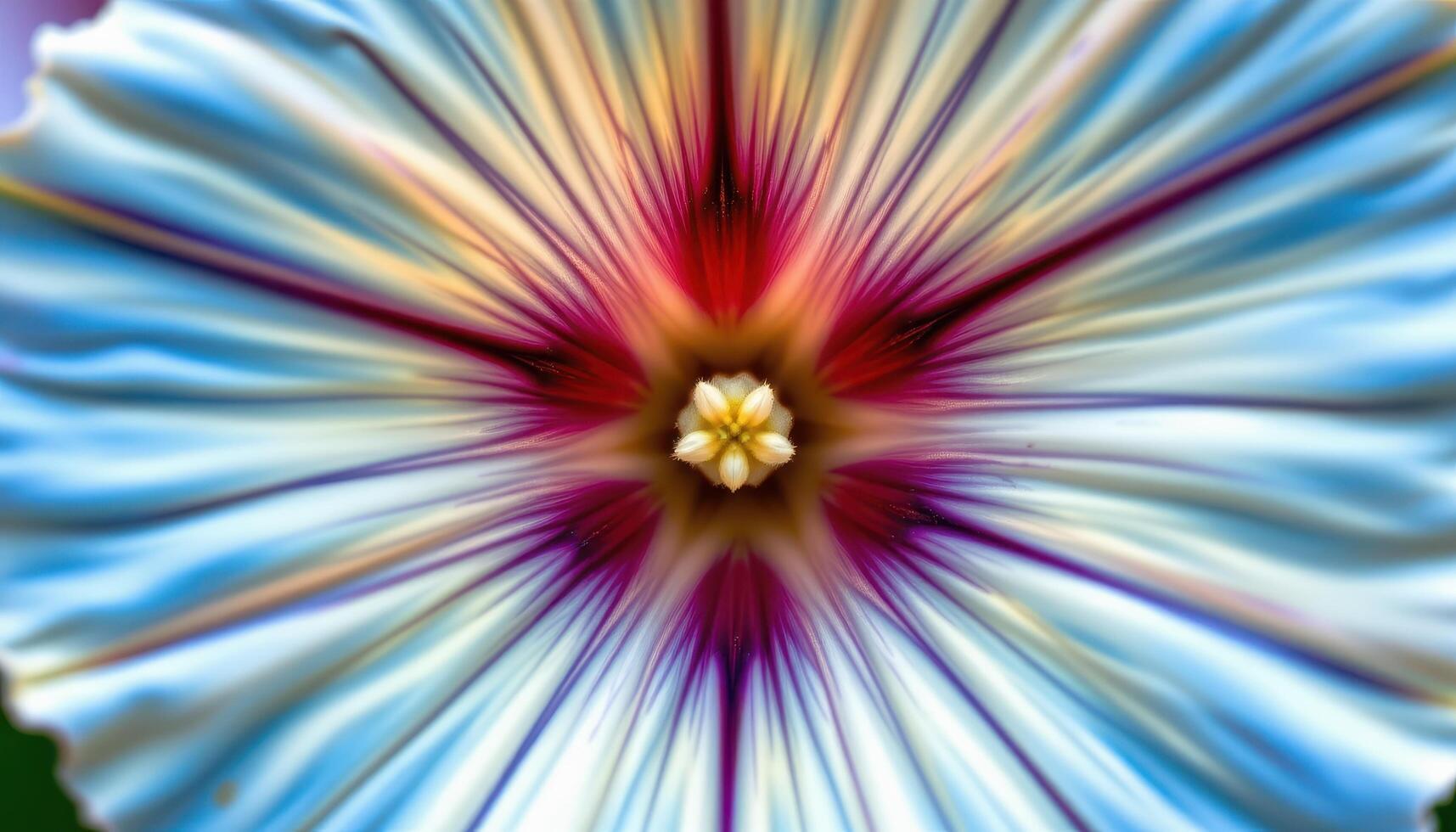 close up view of a morning glory with wide trumpet shaped petals in blue and white gradients spiraling from the center. photo