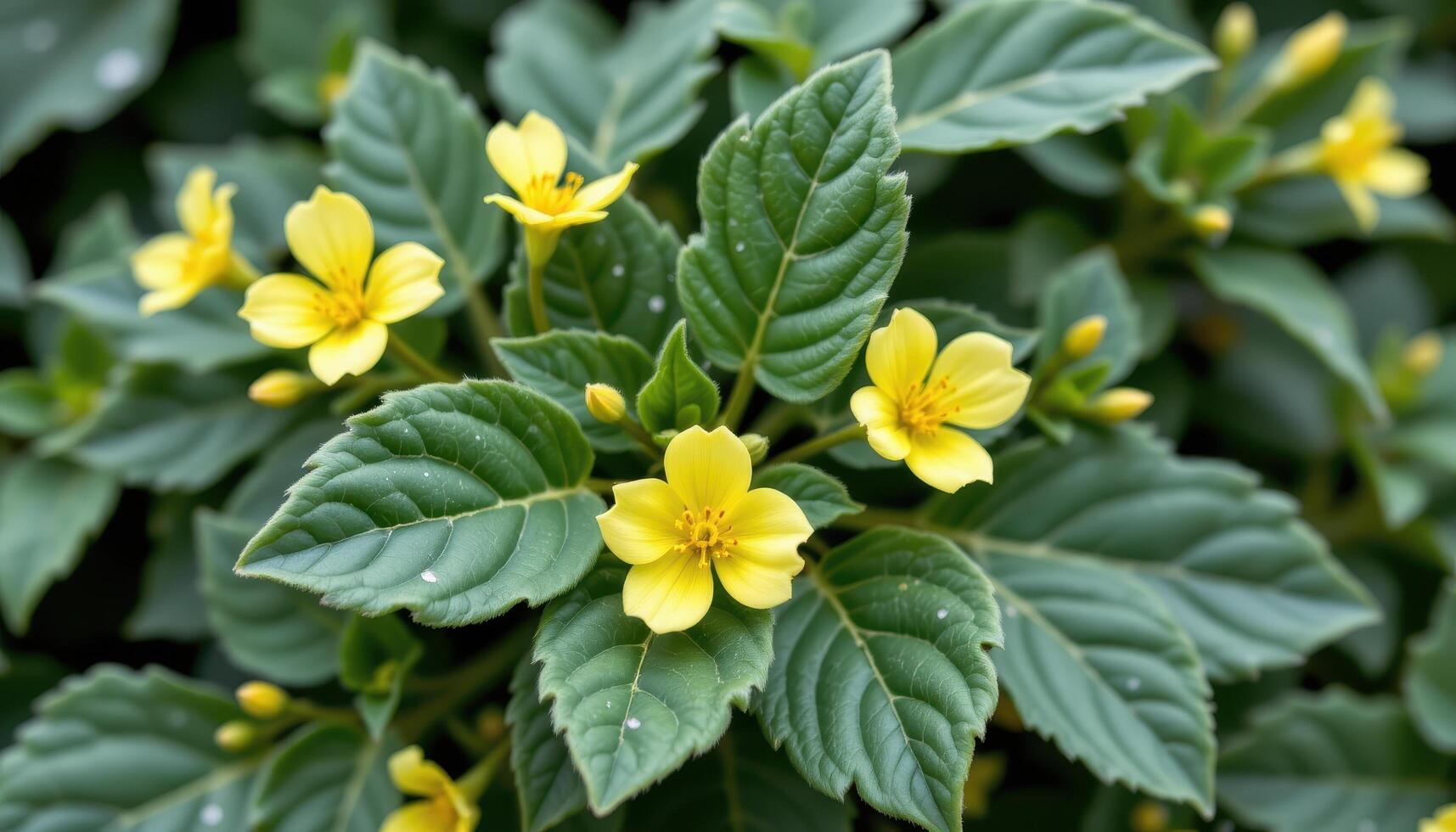 close up view of rue flowers with delicate yellow petals above deeply divided aromatic leaves. photo