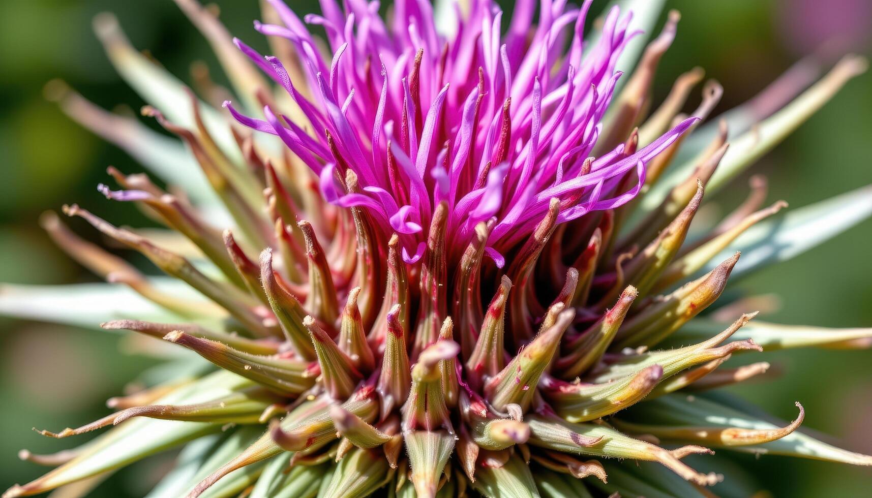 close up view of a thistle bloom with spiky bracts and a bright purple crown of florets. photo