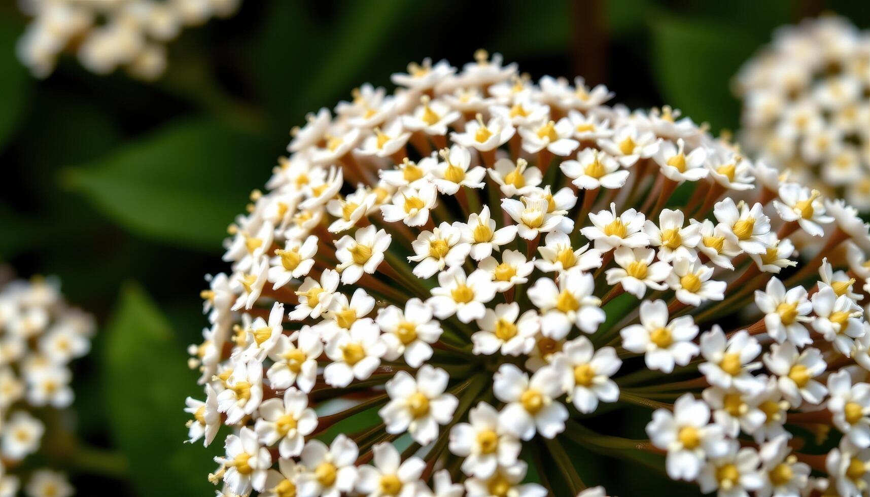 close up view of a cluster of yarrow flowers forming a flat topped canopy of tiny white florets. photo