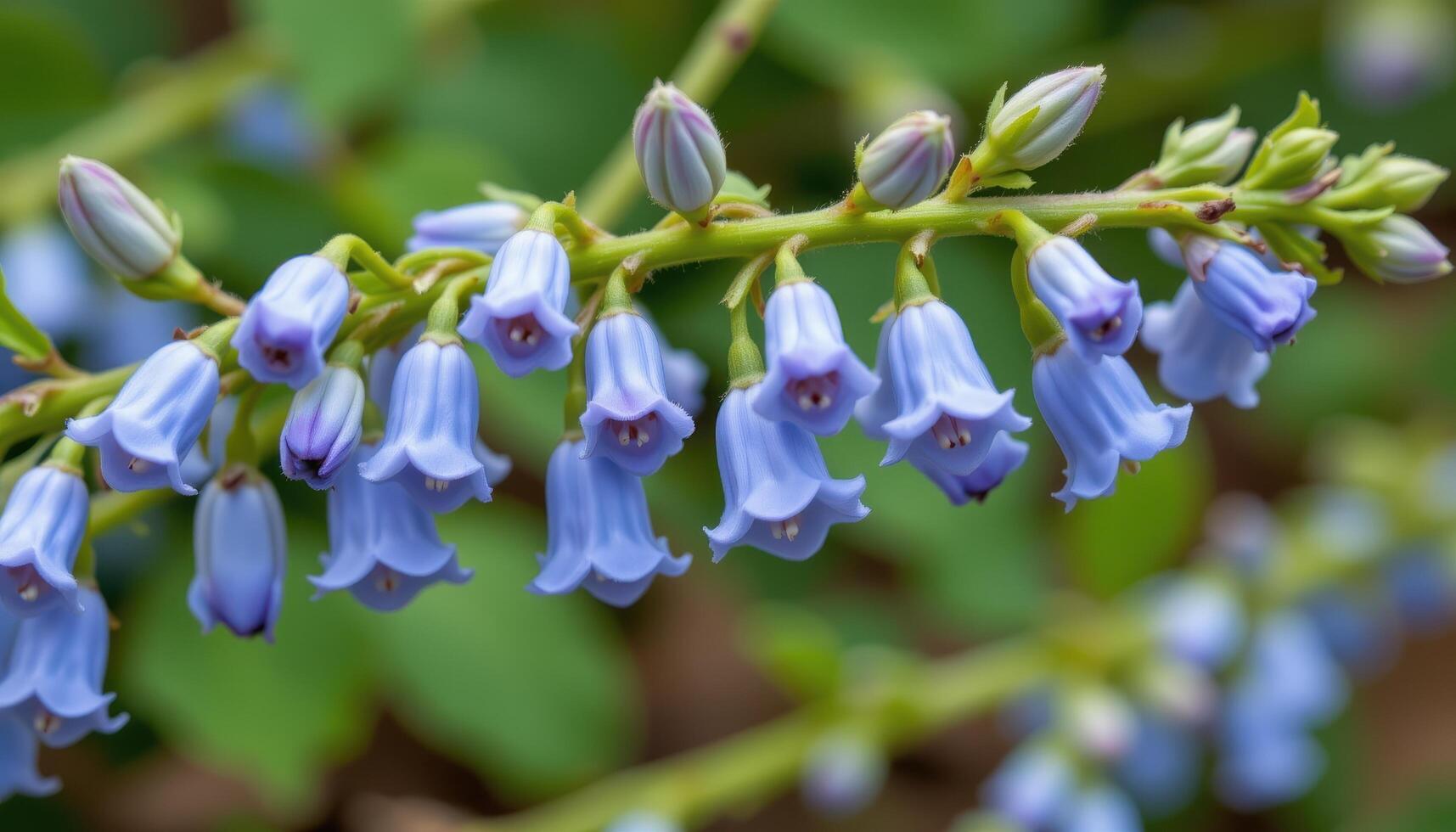 close up view of jacob's ladder flowers blooming in soft blue bells along a leafy green stalk. photo