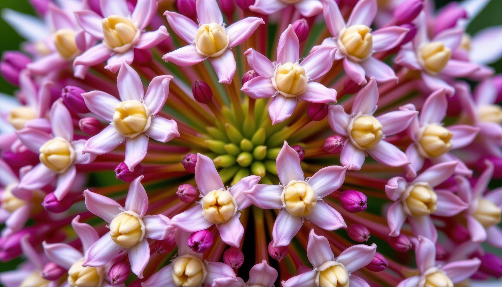 close up view of milkweed flowers in spherical umbels, each star shaped bloom detailed. photo